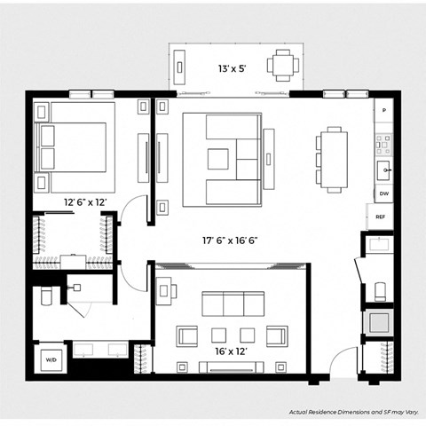Floor plan for 1 bed, 1.5 baths, 1170 sqft